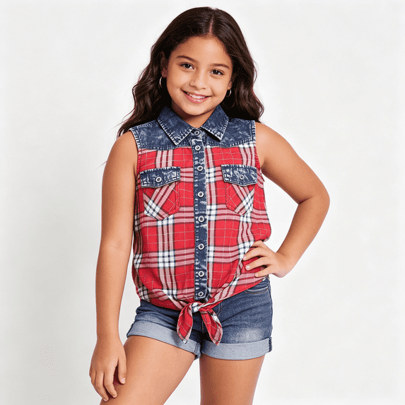 Bienzoe Girl's Plaid Denim Sleeveless Blouse Casual Tank Tops Red/Black 7