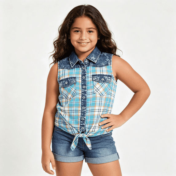 Bienzoe Girl's Plaid Denim Sleeveless Blouse Casual Tank Tops Turquoise/white 12