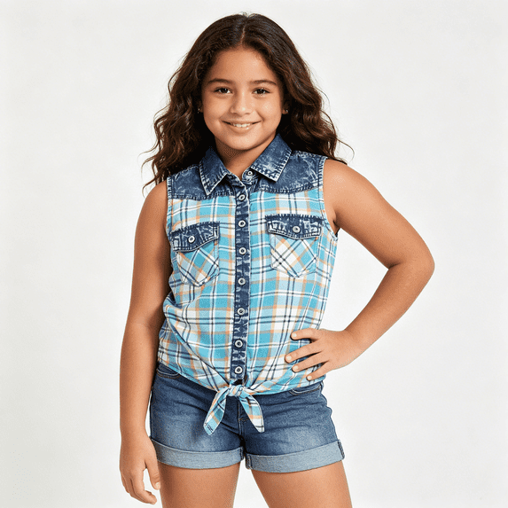 Bienzoe Girl's Plaid Denim Sleeveless Blouse Casual Tank Tops Turquoise/white 14