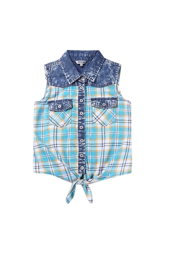 Girl's Plaid Denim Sleeveless Blouse Casual Tank Tops Turquoise/white 18