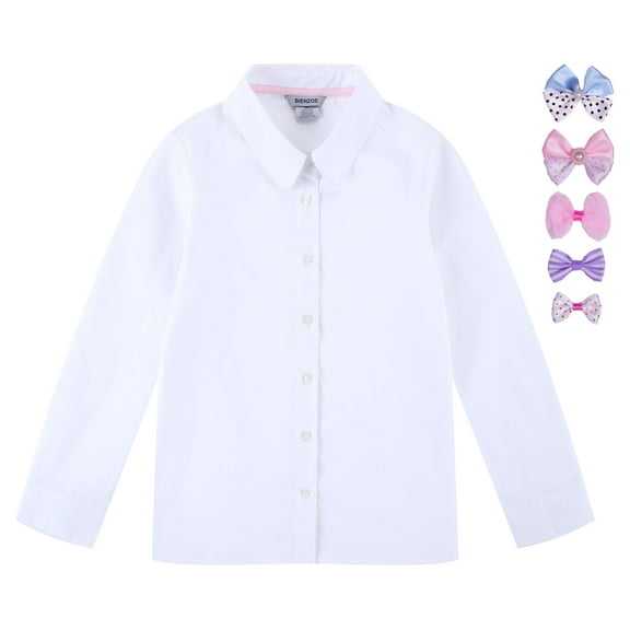 Bienzoe Girls School Uniform Cotton Long Sleeve Blouse Bowtie Pack White S