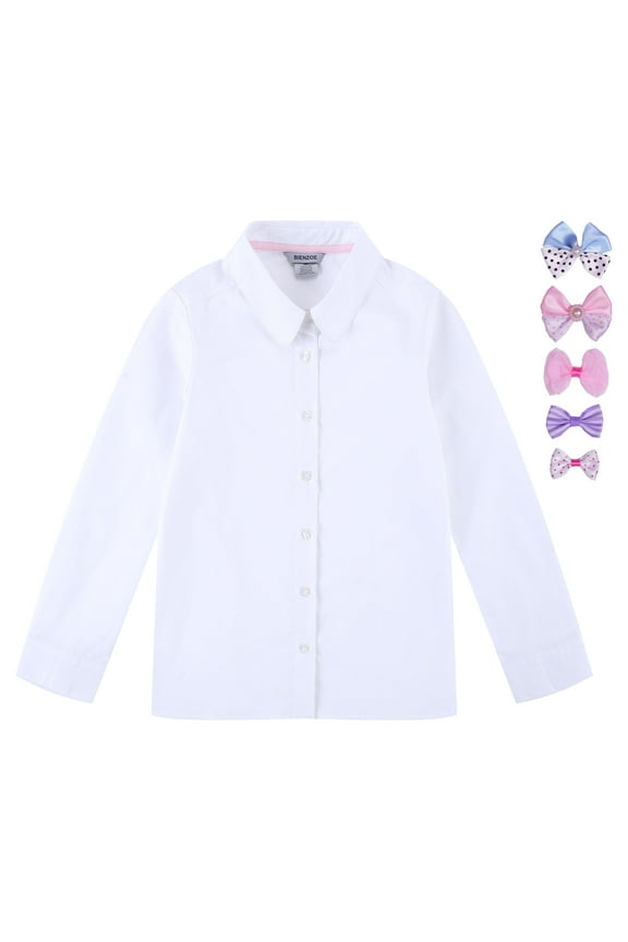 Girls School Uniform Cotton Long Sleeve Blouse Bowtie Pack White S