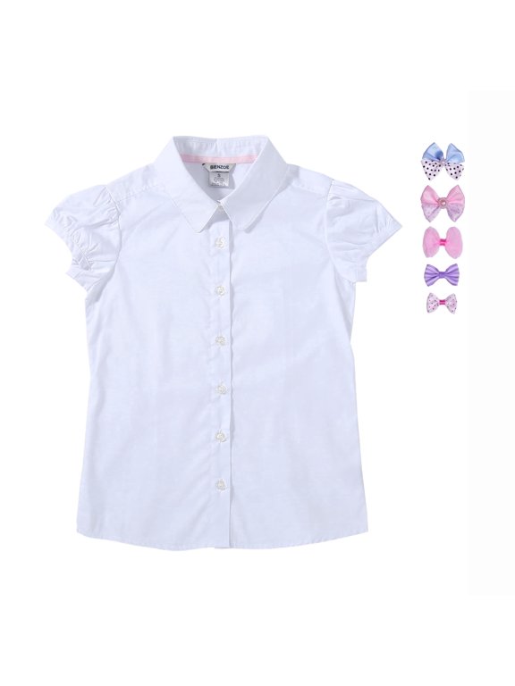 Girls School Uniform Cotton Short Sleeve Blouse Bowtie Pack White L