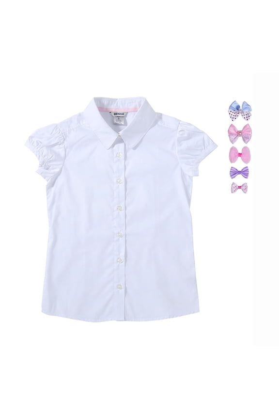 Girls School Uniform Cotton Short Sleeve Blouse Bowtie Pack White L
