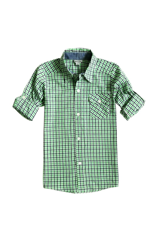 Little Boy's Cotton Plaid Roll Up Button Down Sports Shirts,Green,3/4