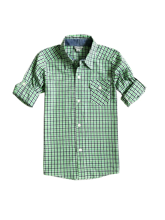 Little Boy's Cotton Plaid Roll Up Button Down Sports Shirts,Green,3/4