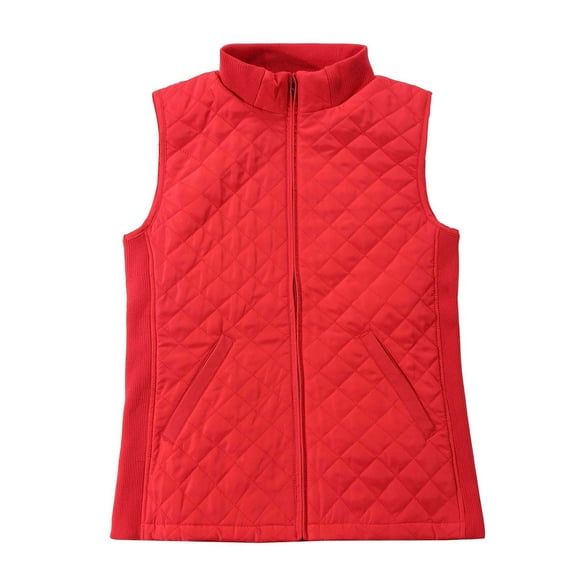 Bienzoe Women Casual Quilted Sleeveless Light Weight Vest Stretch Rib Red XL
