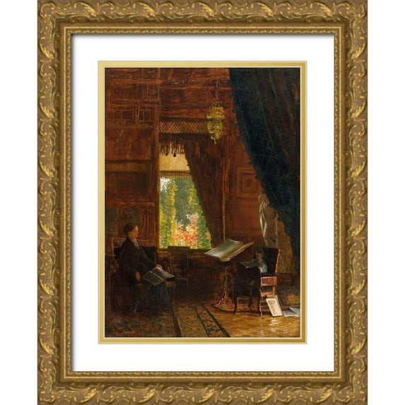 Bierstadt, Albert 19x24 Gold Ornate Wood Framed with Double Matting Museum Art Print Titled - Interior of a Library