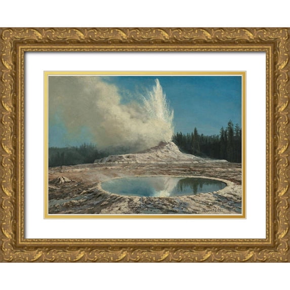 Bierstadt, Albert 24x18 Gold Ornate Wood Framed with Double Matting Museum Art Print Titled - Geyser, Yellowstone Park