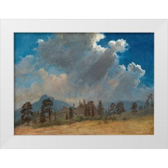 Bierstadt, Albert 24x19 White Modern Wood Framed Museum Art Print Titled - Fir Trees and Storm Clouds