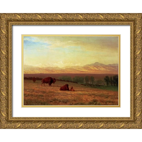Bierstadt, Albert 32x24 Gold Ornate Wood Framed with Double Matting Museum Art Print Titled - Buffalo on The Plains
