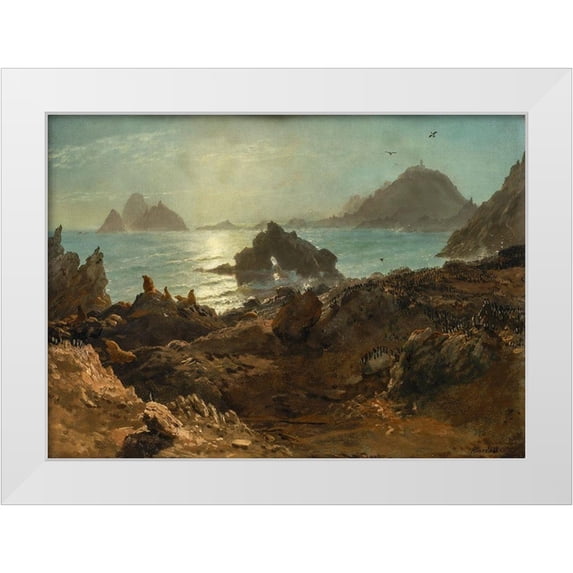 Bierstadt, Albert 32x24 White Modern Wood Framed Museum Art Print Titled - Farallon Islands, Pacific Ocean, California