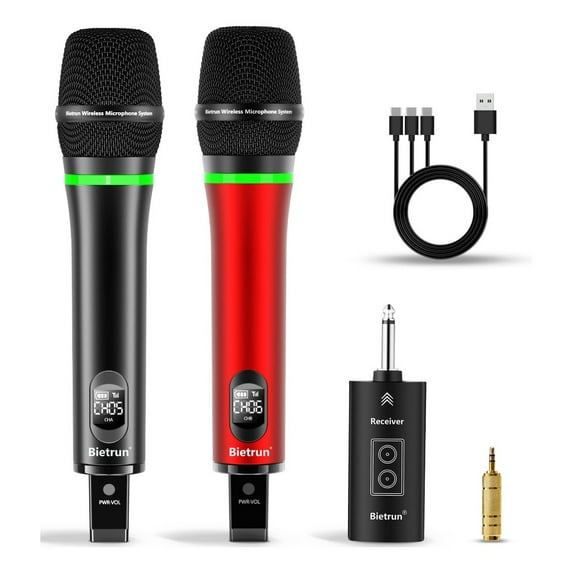 Bietrun Rechargeable Wireless Microphone, Dual Metal Cordless Handheld Dynamic Wireless Mics with 1/4'' Output for Karaoke, Meeting, Singing, Church, Wedding(UHF 240ft Range)(Receiver with Bluetooth)