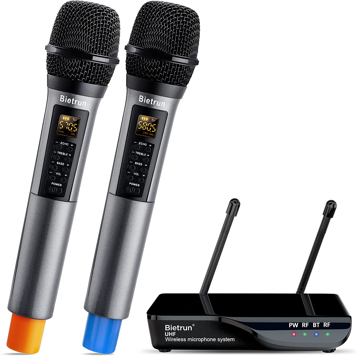 Wireless Microphone with Bluetooth, Professional UHF Dual Handheld Dynamic  Metal Mic System Set with Rechargeable Receiver, 160 ft Range, 1/4''Output