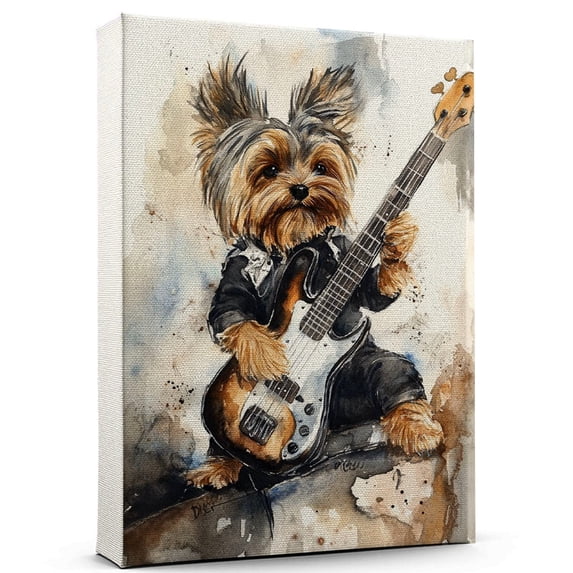 Biewer Terrier Dog Playing Bass Guitar Wall Stretched Canvas Size 8x12 – Biewer Terrier Canvas Art for Dog Lovers, Bass Guitar Canvas Wall Decor