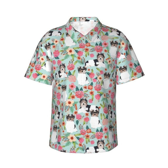 Biewer Terrier Dogs Flower Floral Men'S 3d Print Casual Button Down Shirts, Novelty Hawaiian Short Sleeves Xl