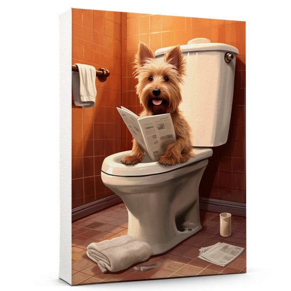Biewer Terrier Gift Wall Art, Cute Dog Sitting on The Toilet Reading a Newspaper Bathroom Poster for Dog Lover, Humor Animals Bathroom Canvas Prints, Bathroom Wall Decor