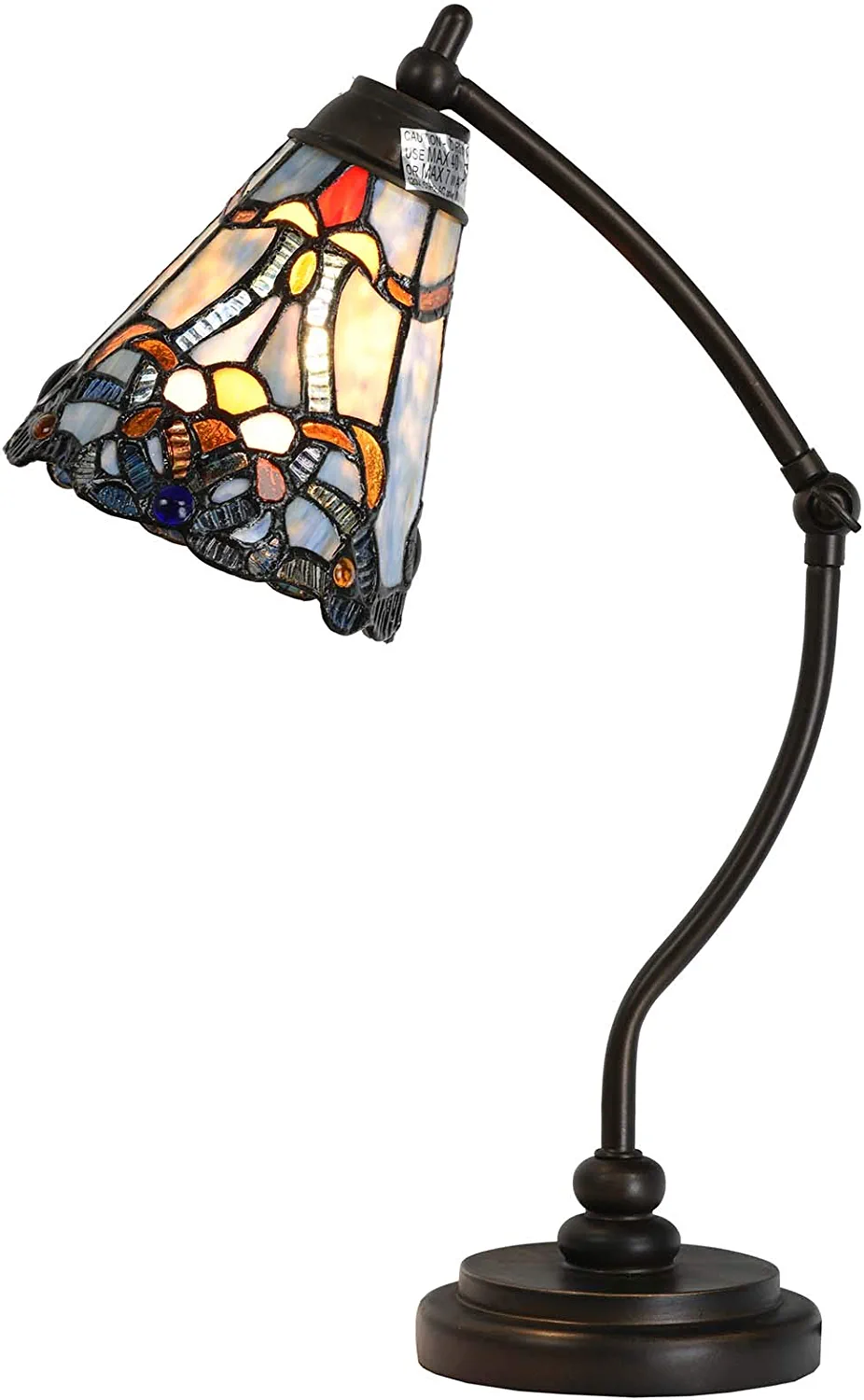 Bieye L10688 Baroque Tiffany Style Stained Glass Rocker Arm Reading Desk Lamp Night Light with 6 inch Wide Blue Shade for Working Reading Bedside Bedroom Living Room, 19 inch Tall