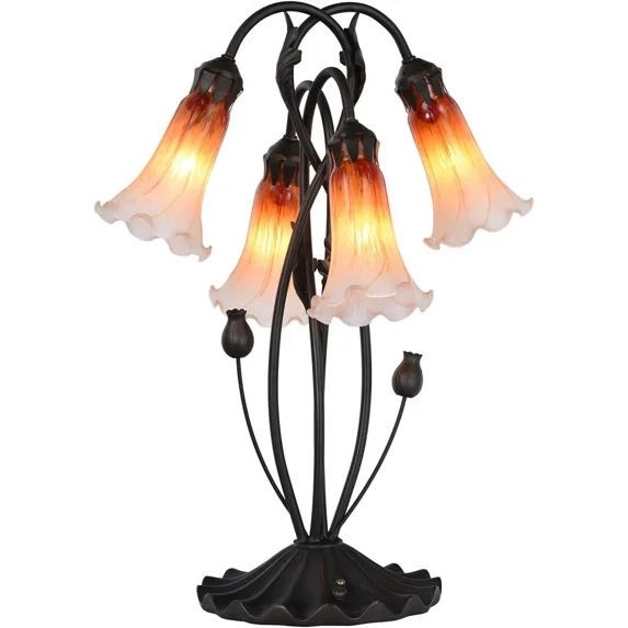 Bieye L10699 Lily Flowers Tiffany Style Blown Glass Accent Table Lamp Night Light with Blown Glass Shade for Bedside Living Room Bedroom Home Decoration, 4 Lights, Orange