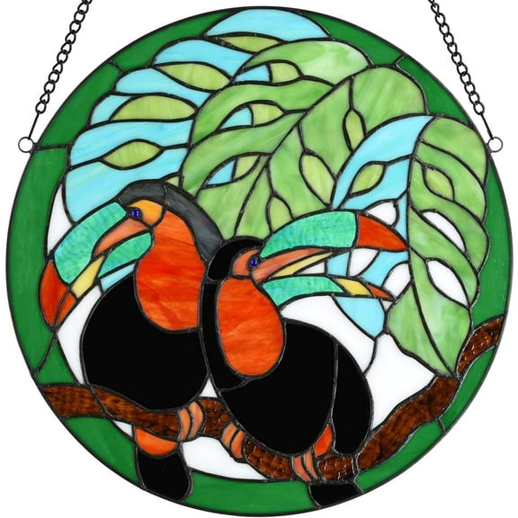 Bieye W10070 Pair of Toucans in The Swiss Cheese Plant Tiffany Style Stained Glass Window Panel, Round Shape, 16 inches Wide