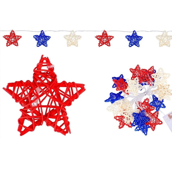 Biezeib 4th of July Lights String Rattan Star Shape Red White Blue LED ...