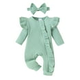 thumbnail image 1 of Biezeib Baby Girl 2 Piece Outfits, Round Neck Long Sleeve Ruffled Ribbed Romper + 3D Bow Headband Infant Newborn Set for Spring Fall, 1 of 6