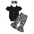 thumbnail image 1 of Biezeib Baby Girl Summer Outfits Solid Color Ribbed Knit Off Shoulder Rompers Flower Print Flare Pants Headband 3Pcs Clothes Set, 1 of 9