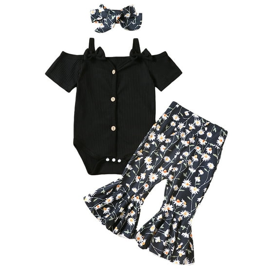 Biezeib Baby Girl Summer Outfits Solid Color Ribbed Knit Off Shoulder Rompers Flower Print Flare Pants Headband 3Pcs Clothes Set