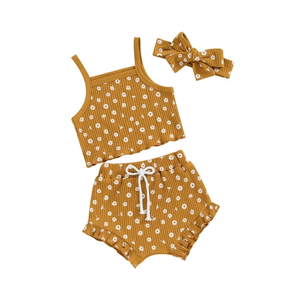 Biezeib Baby Girls 3 Piece Outfits Floral Print Sleeveless Camisole Tops and Elastic Ruffled Shorts Headband Set Summer Clothes