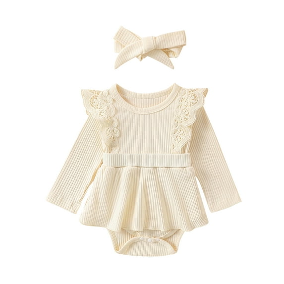 Biezeib Baby Girls Rompers Dress Crew Neck Lace Fly Sleeve Layered Skirt Hem Toddler Bodysuits with Headband