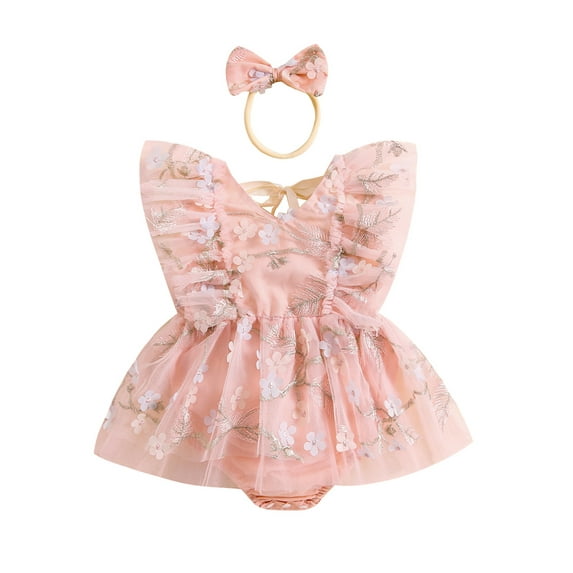 Biezeib Baby Girls Rompers Dress Flower Embroidered Fly Sleeve Mesh Skirt Hem Infant Bodysuits Summer Clothes with Headband