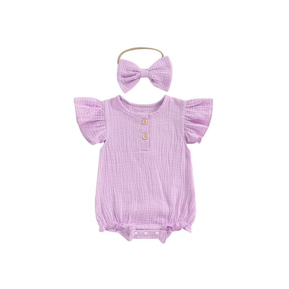 Biezeib Baby Girls Rompers Solid Color Buttons Fly Sleeve Round Neck Infant Bodysuits Summer Clothes with Headband