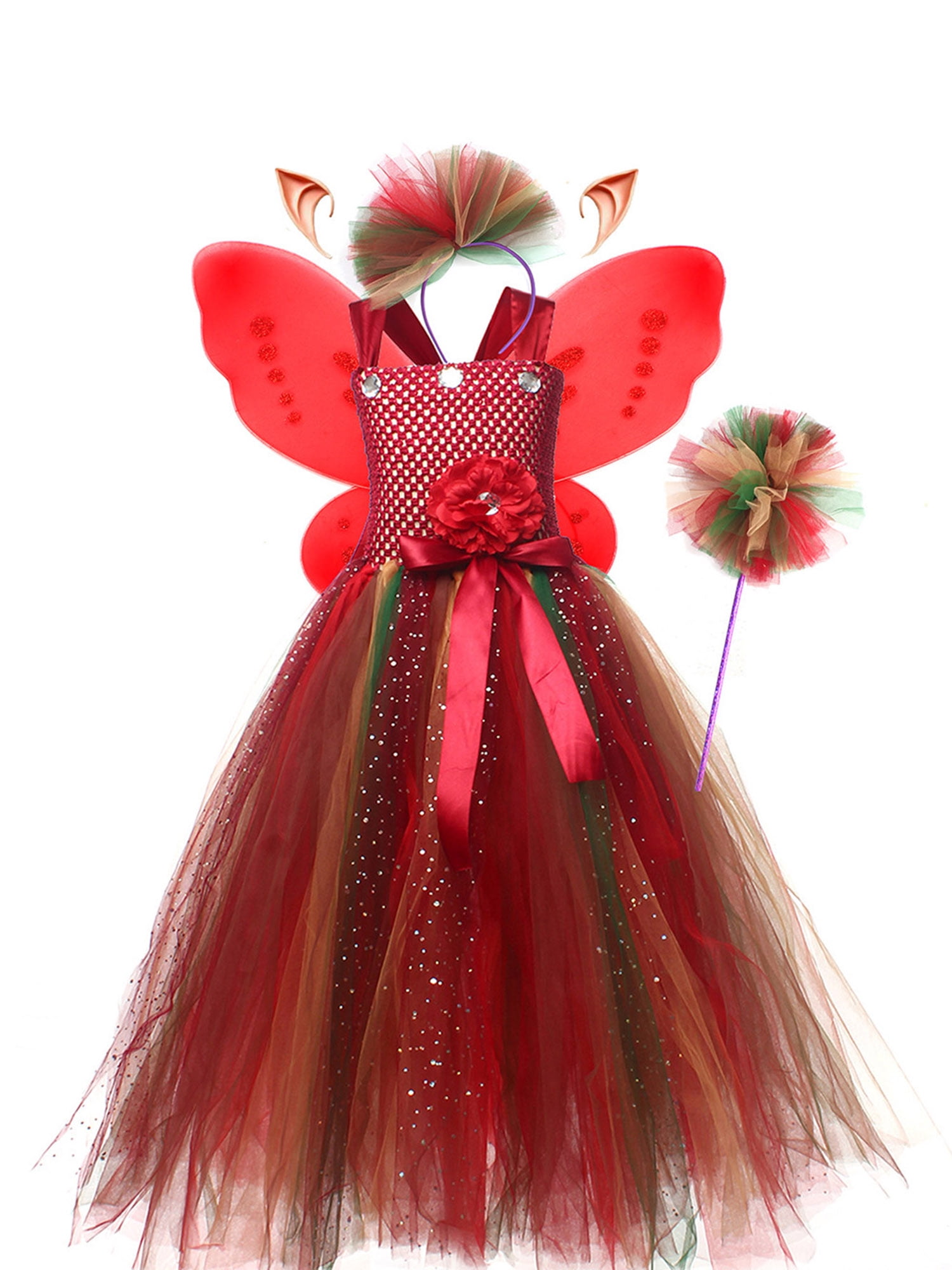 Biezeib Girl Halloween Fairy Costume Flower Sequins Contrast Color Tulle Cami Dress Hairband Wings Wand Elf Ears Cosplay Set Walmart