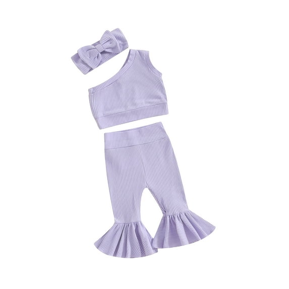 Biezeib Girls Summer Outfits, One Shoulder Ribbed Tops + Elastic Waist Flare Pants + 3D Bow Headband Infant Toddler 3 Piece Set