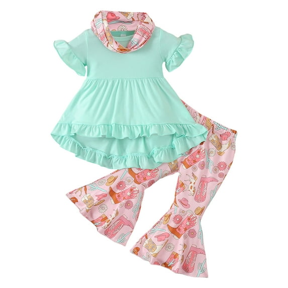 Biezeib Kids Girl Summer Outfit Solid Color Ruffles Short Sleeve Dress Tops Boots Hat Print Flare Pants Neckerchief 3Pcs Clothes Set