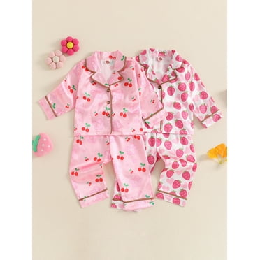 Biezeib Kids Girls Pajamas Set, Strawberry/Cherry Print Long Sleeve Tops with Elastic Waist Pants Sleepwear