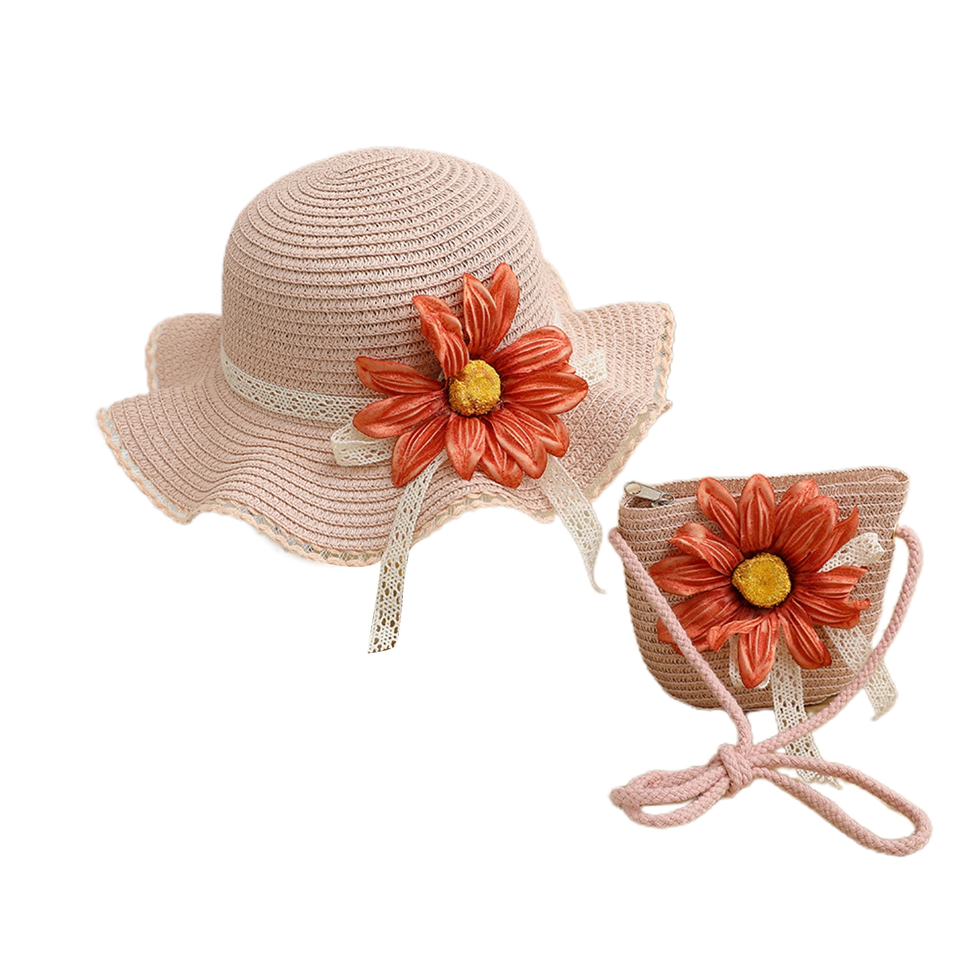 Biezeib Little Girl Summer Straw Hat and Bag Set 3D Flower Wide Brim