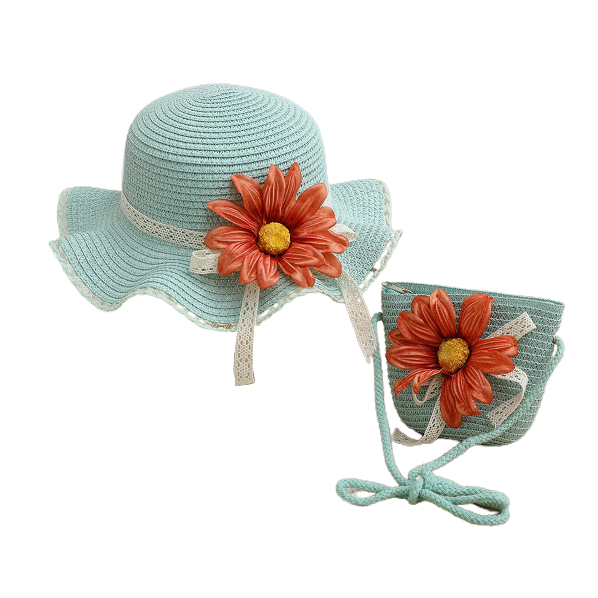 Biezeib Little Girl Summer Straw Hat and Bag Set 3D Flower Wide Brim