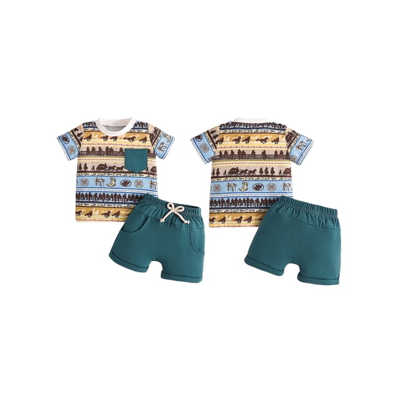 Biezeib Toddler Boy Western Outfit AnimalBooties Print Short Sleeve Tops with Solid Color Shorts 2 Pcs Clothes