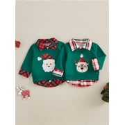 Biezeib Toddler Boys Christmas Sweatshirt Plaid Santa/Reindeer Long Sleeve Lapel Neck Casual Two Fake Piece Pullover