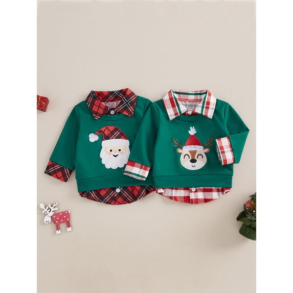 Biezeib Toddler Boys Christmas Sweatshirt Plaid Santa/Reindeer Long Sleeve Lapel Neck Casual Two Fake Piece Pullover