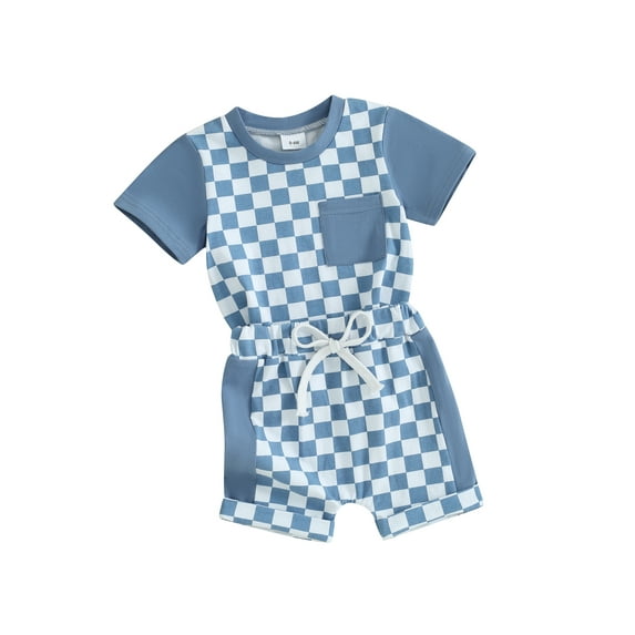 Biezeib Toddler Boys Summer Outfits Checkerboard Patchwork Short Sleeve T-Shirts Tops and Elastic Waist Shorts 2Pcs Clothes Set