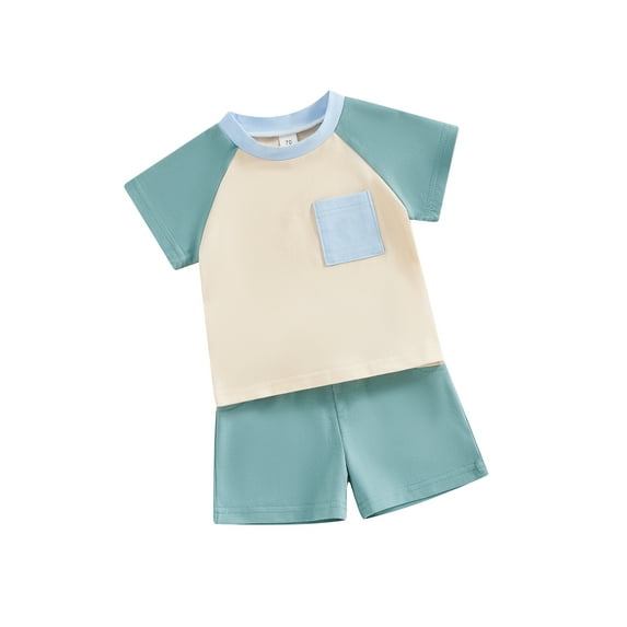 Biezeib Toddler Boys Summer Shorts Sets Short Sleeve Contrast Color Tops and Drawstring Shorts Sets