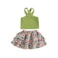 thumbnail image 1 of Biezeib Toddler Girl Summer Outfit Solid Color Cross Sleeveless Tank Tops and Floral Print Ruffles Skirts 2Pcs Clothes Set, 1 of 6