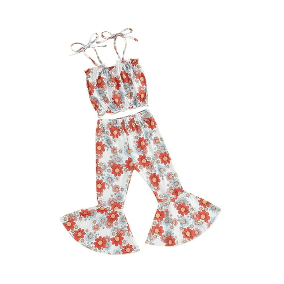 Biezeib Toddler Girl Summer Outfits Flower Print Tie-Up Spaghetti Straps Tank Tops Elastic Waist Flare Pants 2Pcs Clothes Set