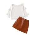 thumbnail image 1 of Biezeib Toddler Girls 2Pcs Fall Outfits Pom Long Sleeve Knit Tops + Leather Skirt Set Baby Clothes, 1 of 6