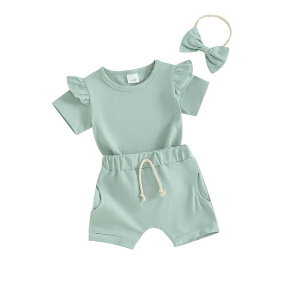 Biezeib Toddler Girls Summer Shorts Sets Short Sleeve Ruffle Tops Solid Color Shorts Headband Sets