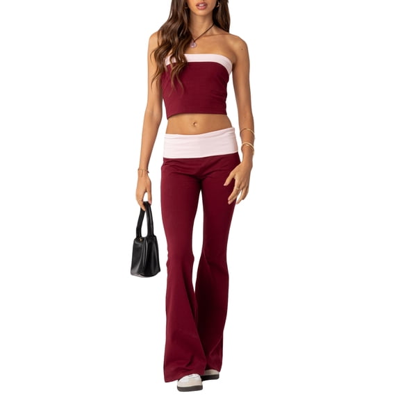 Biezeib Women 2 Piece Outfits Contrasting Color Crop Bandeau Tops and Elastic Flared Pants Set Streetwear Aesthetic Clothes