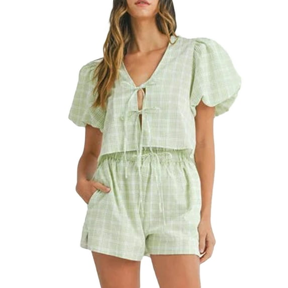 Biezeib Women 2 Piece Outfits Plaid Print Tie Front Short Sleeves Tops and Elastic Shorts Club Streetwear Fashion Clothes