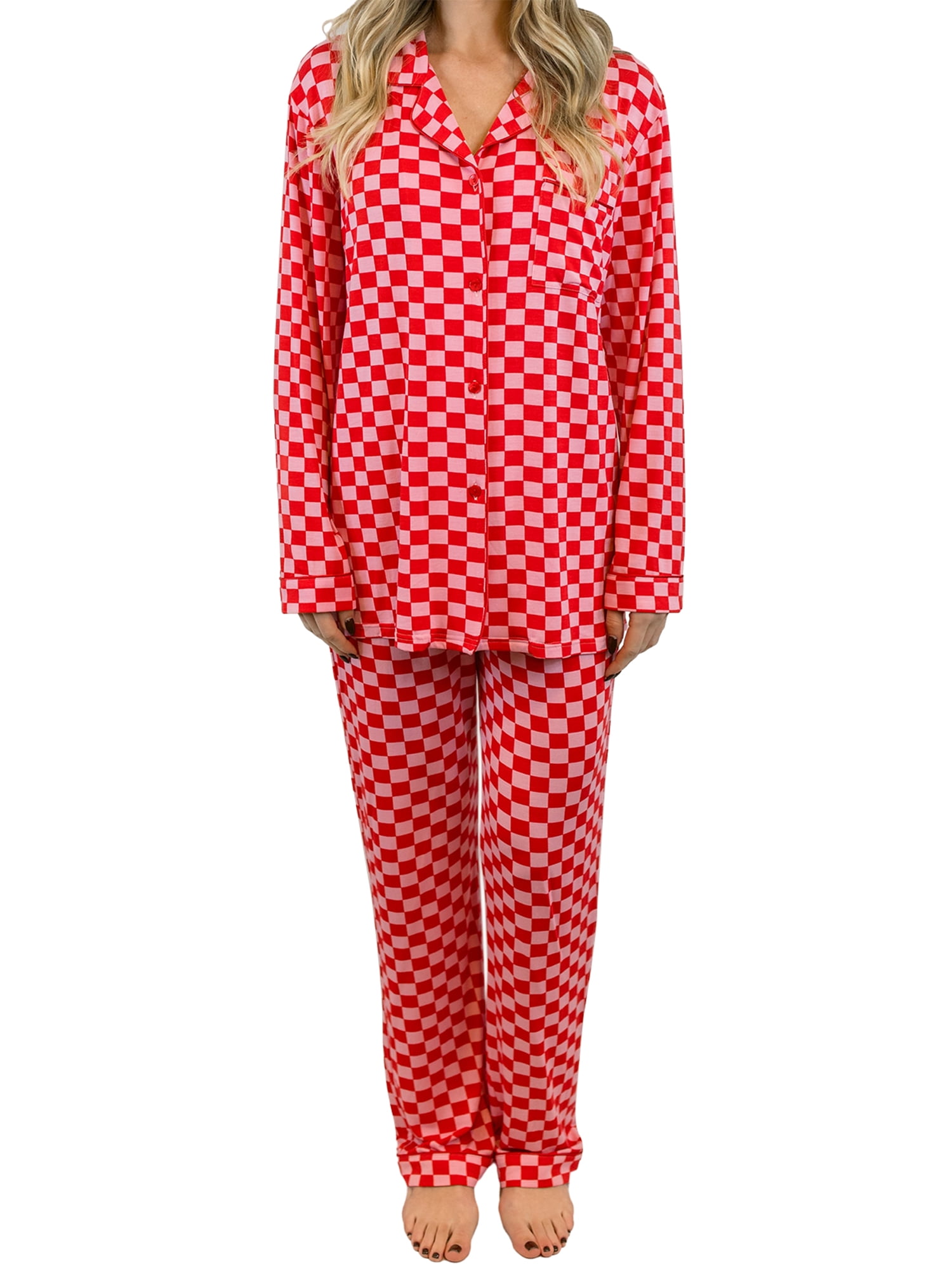 Light Blue Checkered Cotton Long Sleeve Top & Pants 2 Piece Pajama Set